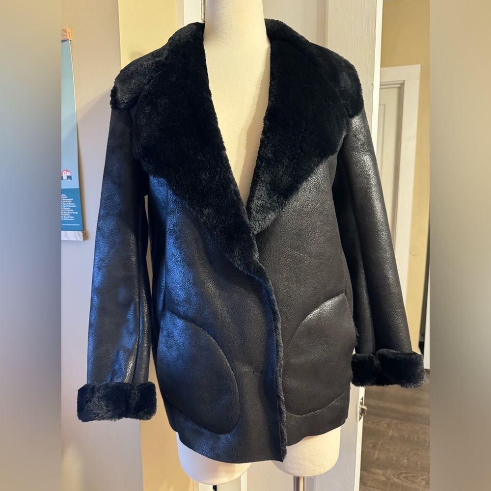 Trendy Vintage 90s FC Jeans Black Jacket with Faux Fur Lining Sz 6